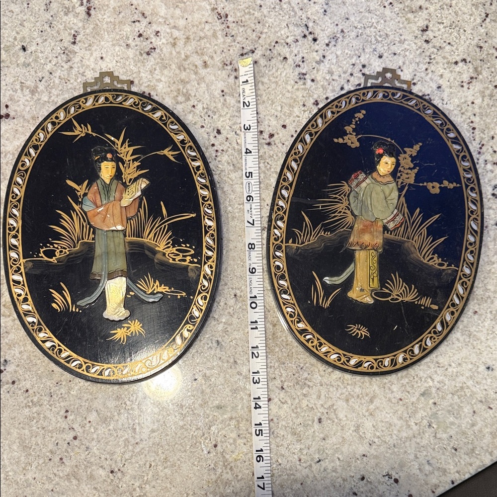 Vintage Set of 2 Oriental Jade inlaid stone wall plaques